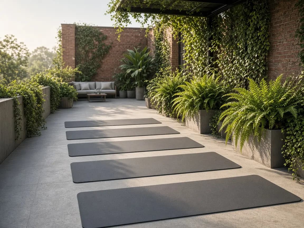 Terraza verde con espacio de yoga
