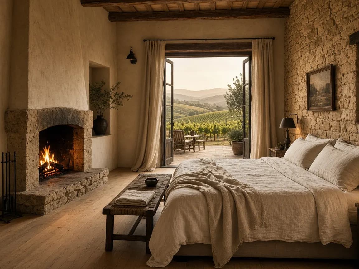 Suite con chimenea y textiles de lino