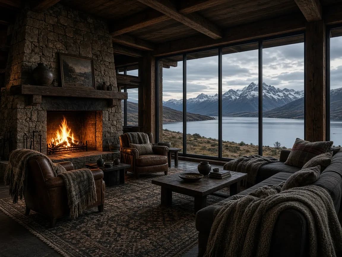 Sala común con chimenea y ventanales al paisaje