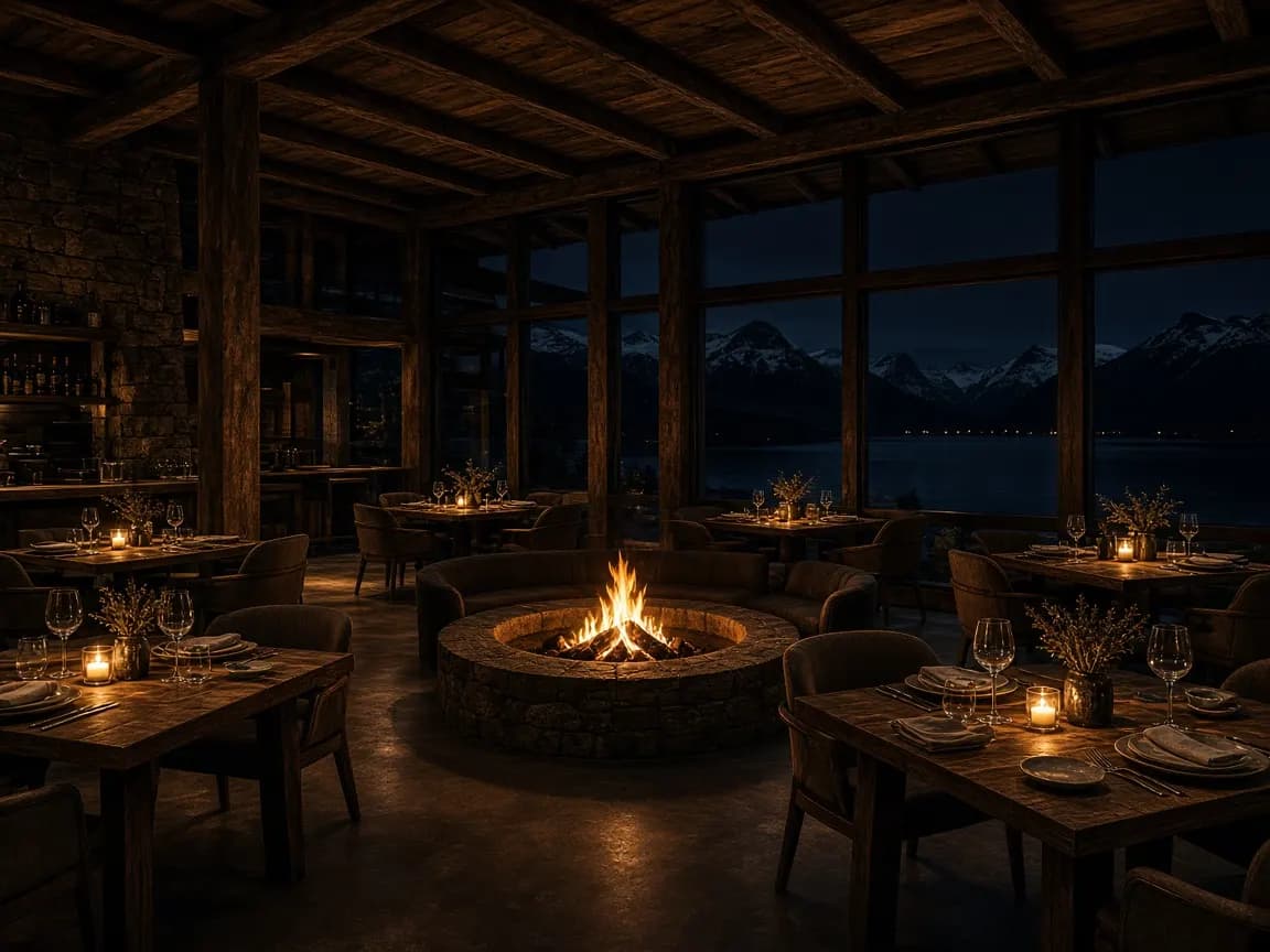 Comedor patagónico con fuego central