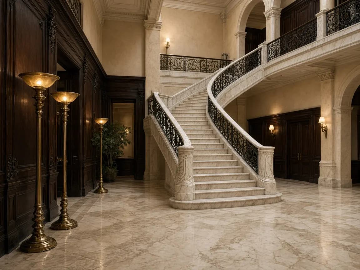 Hall monumental con escalera de mármol y bronce