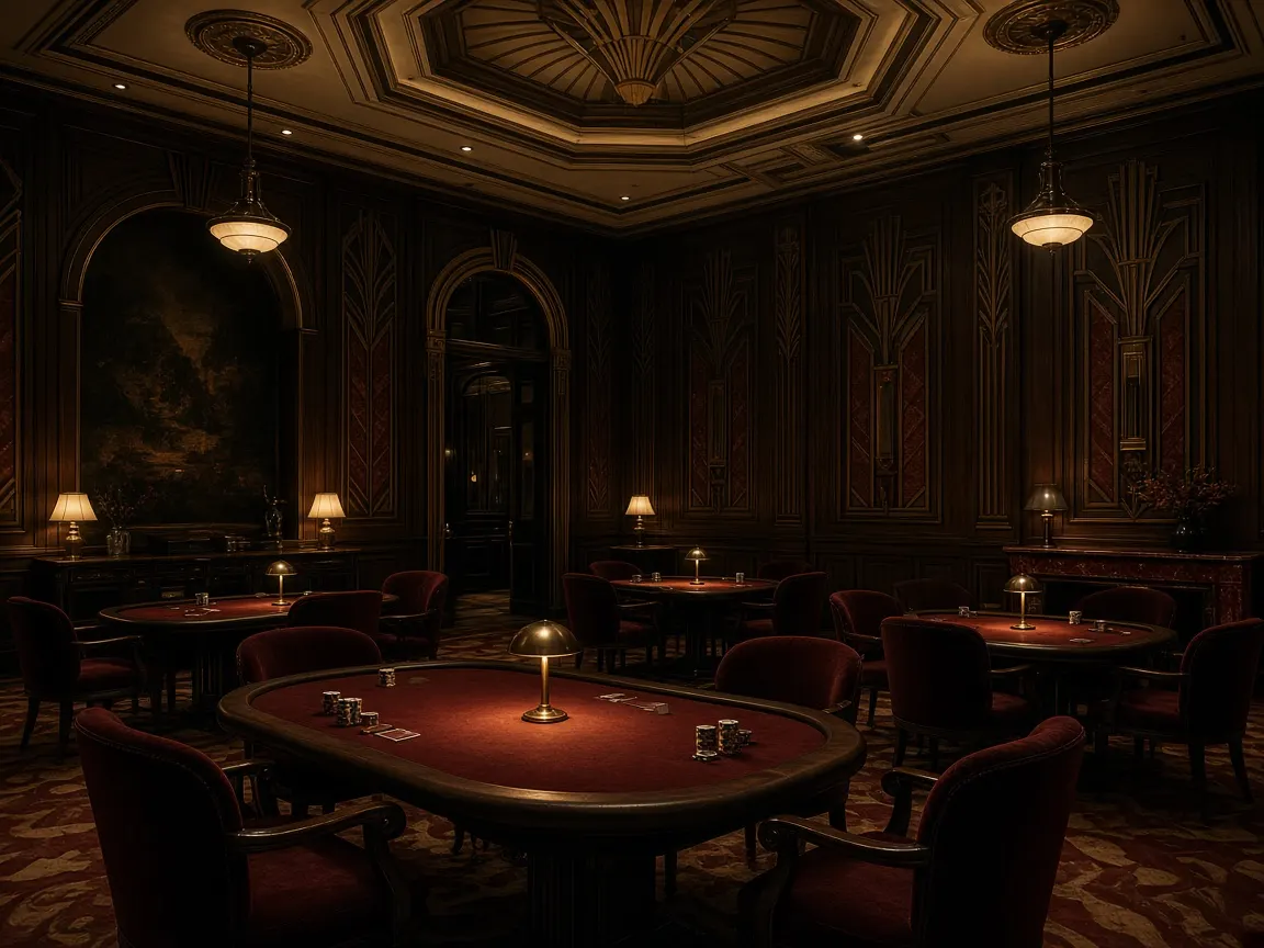 Salón de juego con terciopelo oxblood y techo decorado