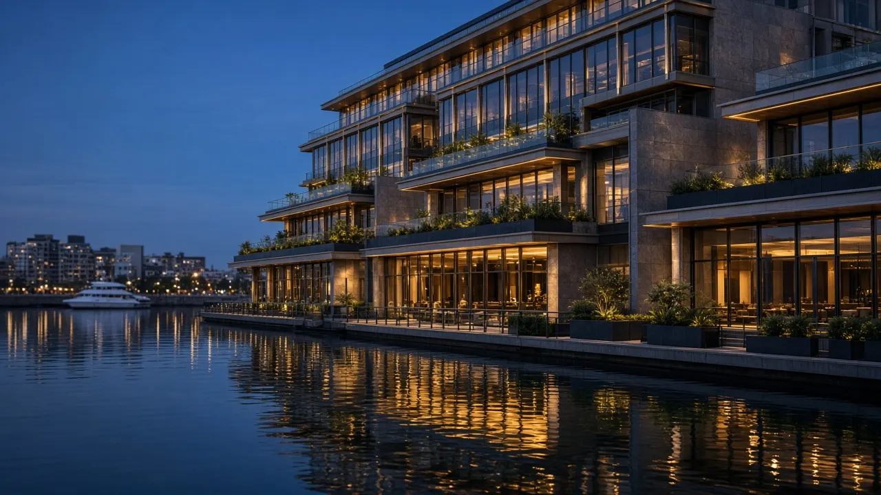 Fachada contemporánea de Riviera Austral frente al dique al atardecer