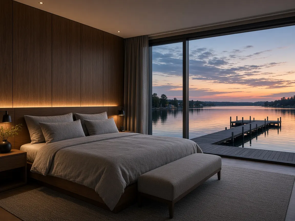Habitación con vista al agua y paneles de nogal