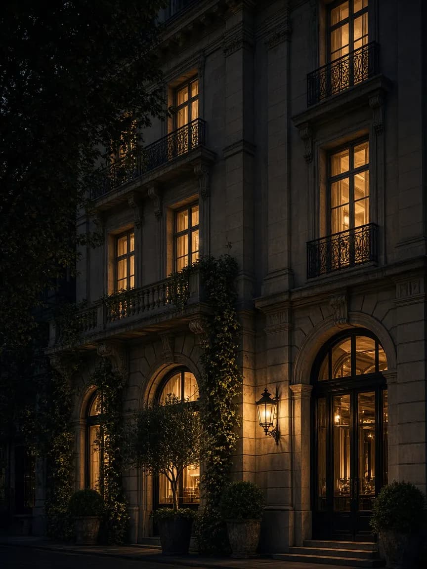 Fachada hotelera iluminada al anochecer