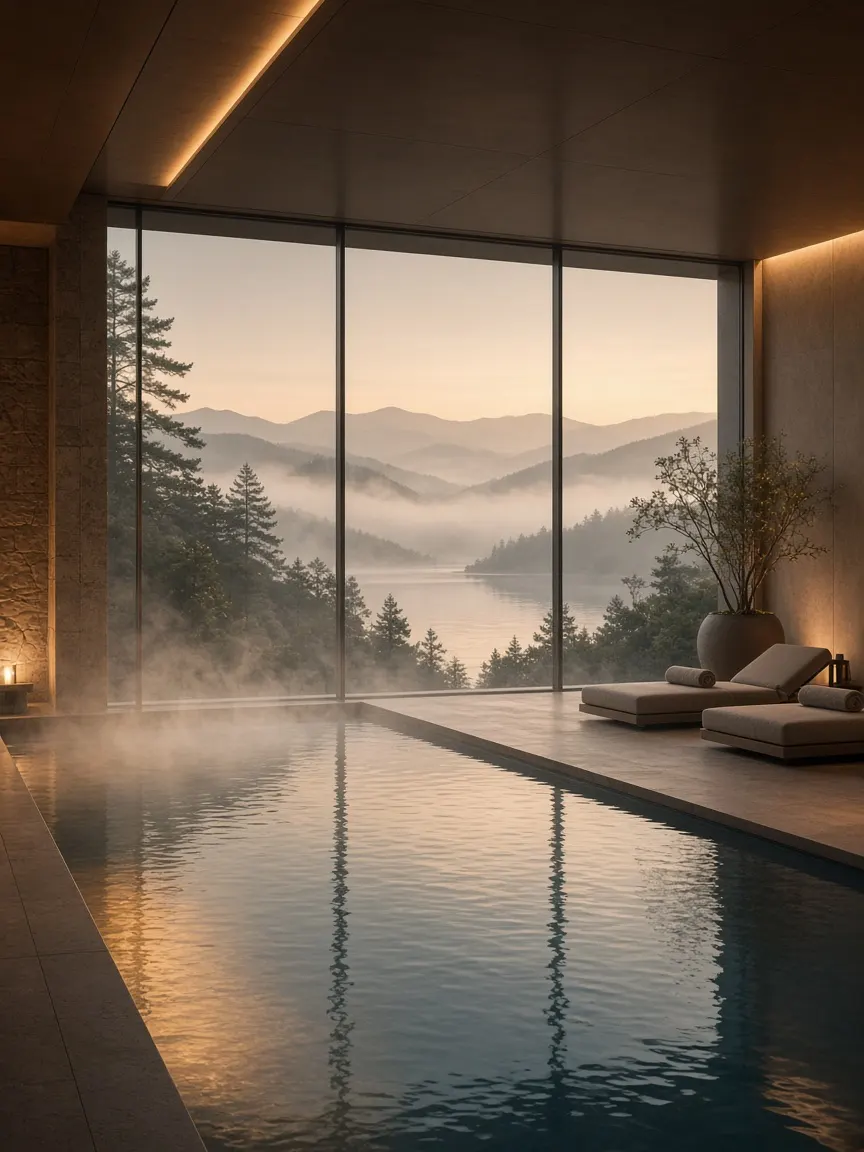Piscina de spa hotelero con vista al paisaje